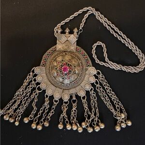 VTG AFGHAN SILVER WHITE METAL NECKLACE MEDALLION DANGLING KUCHI BELLS FERTILITY